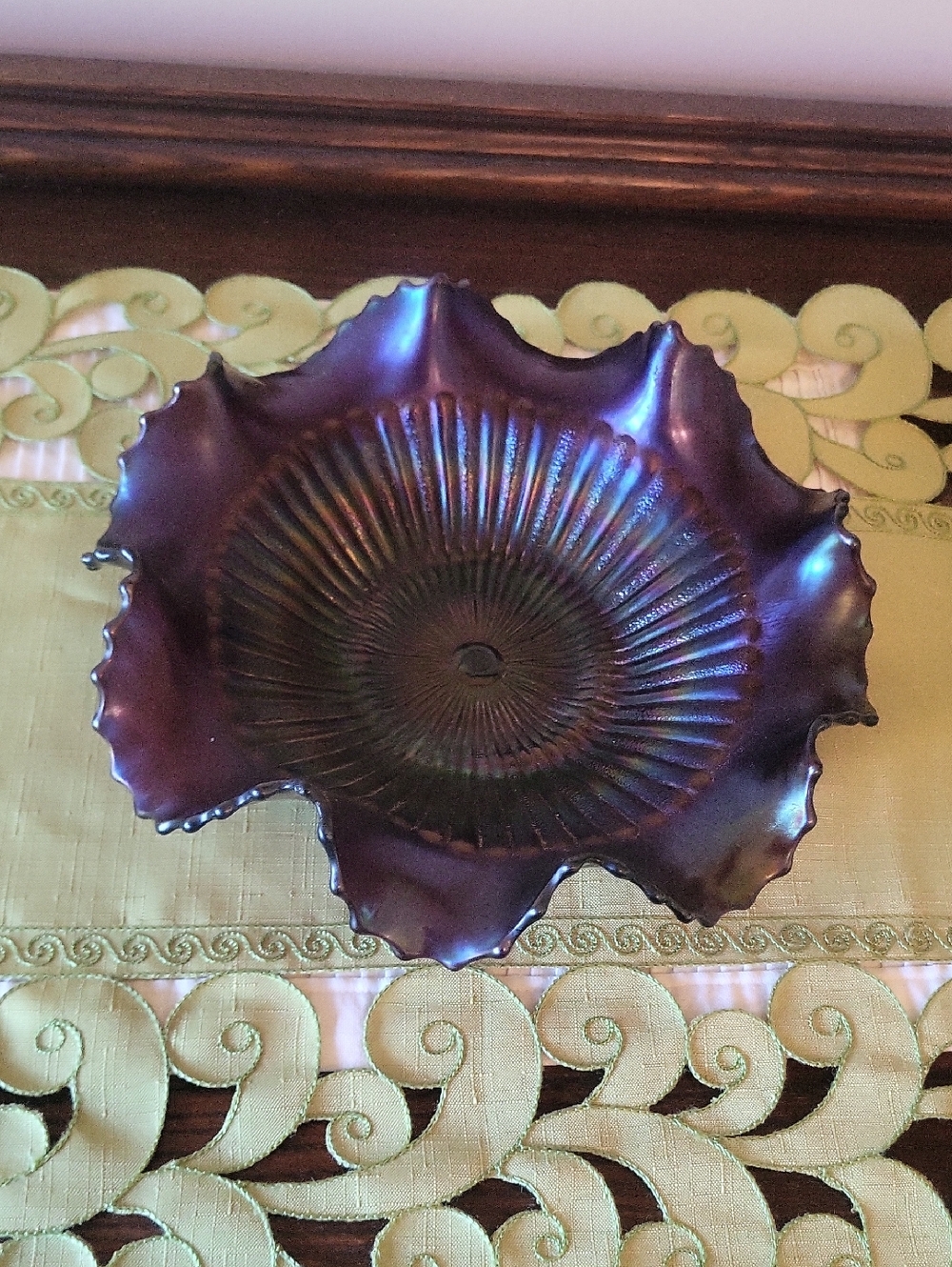 Northwood Amethyst Iridescent Ruffled Decorative Carnival Glass Bowl